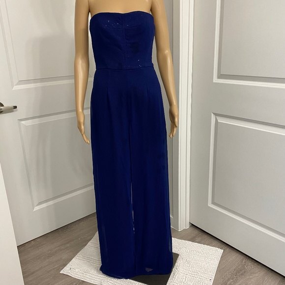 HALSTON Georgette Overlay Sequin Strapless Jumpsuit. Navy. Size 4. Resortwear. - Picture 2 of 16